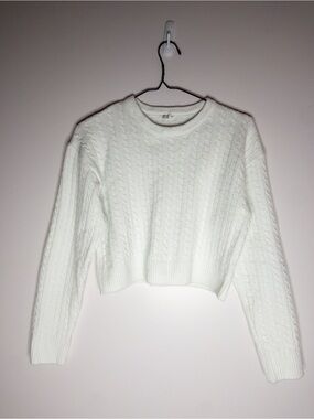 Ardene White Cropped Cable Knit Crewneck Sweater